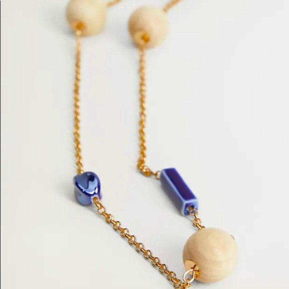 NWT Violeta by Mango gold chain necklace with blue Glass beading